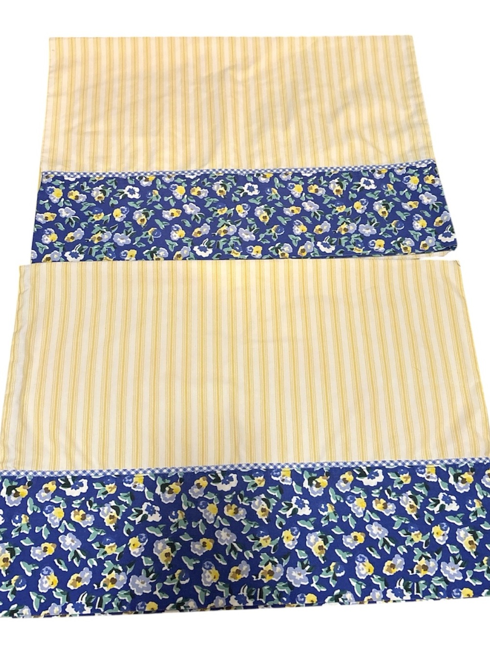 Unique Vintage Yellow Stripe Pillowcases with Blue Floral Trim